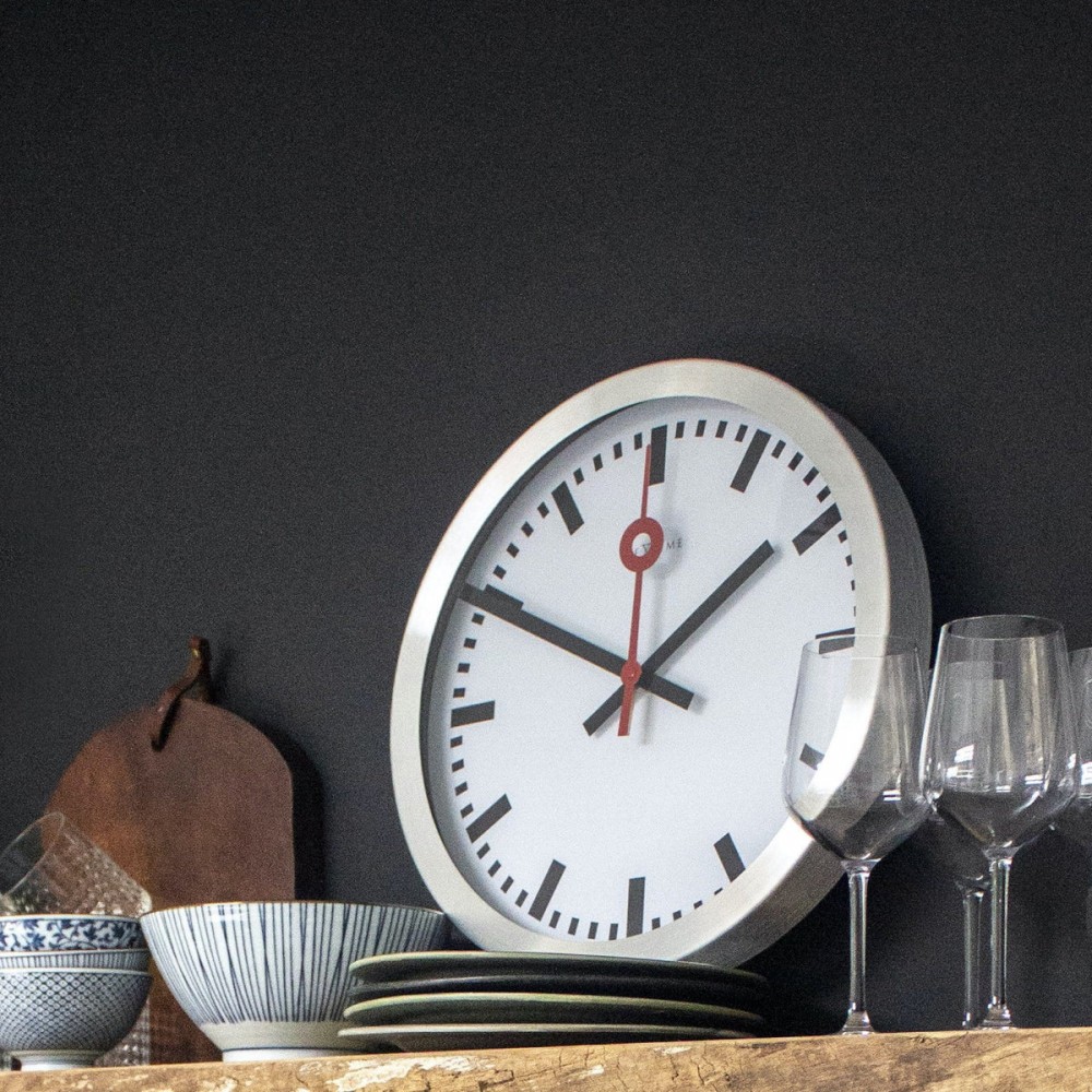 Väggklocka - NeXtime Station Stripe Silver/Vit